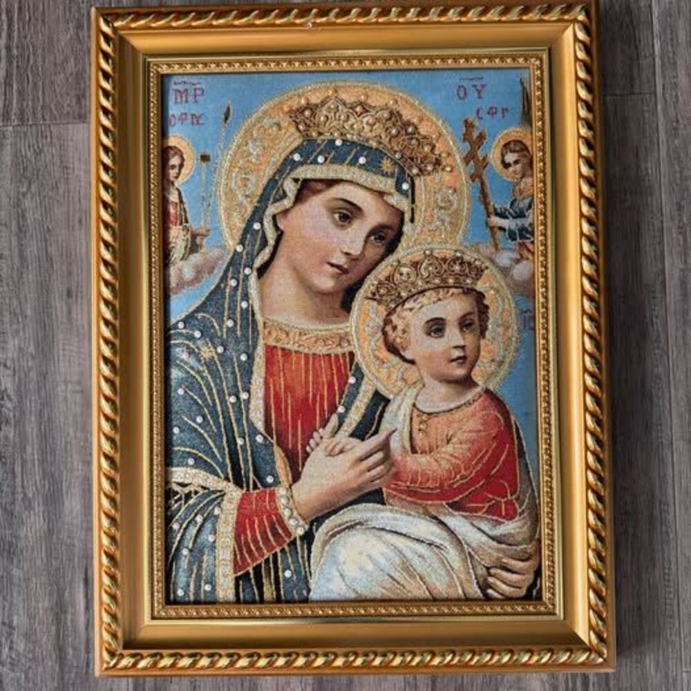 Framed Tapestry traditional religious iconOur Lady of Perpetual Help 18x14